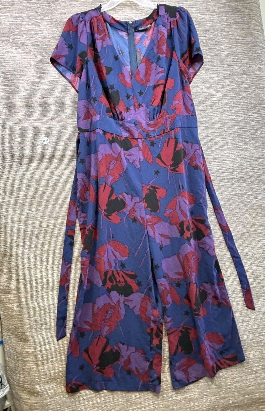 ModCloth Floral Wide-Leg Jumpsuit Blue Purple Size 2X Short Sleeve Belted